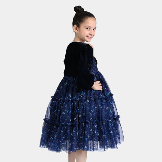 Girls Net Fancy Frock Gathered-Blue