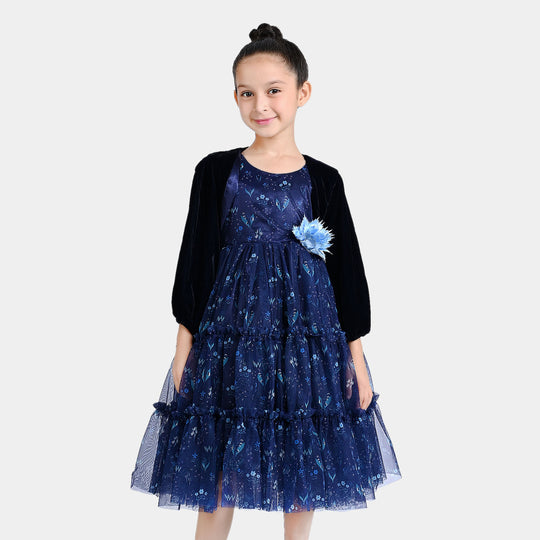 Girls Net Fancy Frock Gathered-Blue