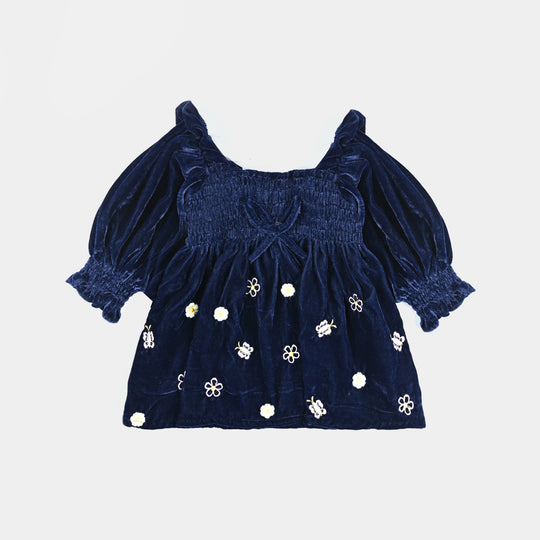 Infant Girls Velvet EMB Top Butterfly Garden-Navy Blue