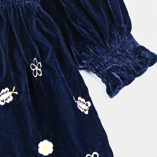 Infant Girls Velvet EMB Top Butterfly Garden-Navy Blue