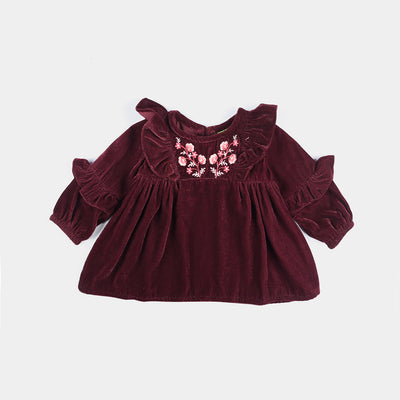 Infant Girls Velvet Emb Top Ruffles And Flowers-MAROON