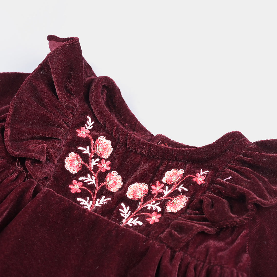 Infant Girls Velvet Emb Top Ruffles And Flowers-MAROON