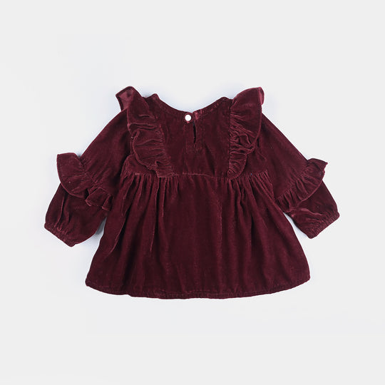 Infant Girls Velvet Emb Top Ruffles And Flowers-MAROON