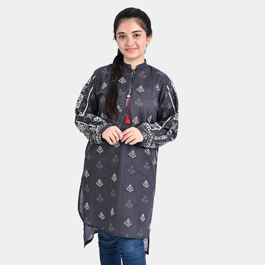 Teens Girls Cotton Slub Printed Kurti mantone-BLACK
