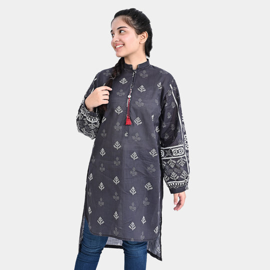 Teens Girls Cotton Slub Printed Kurti mantone-BLACK