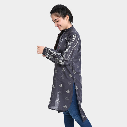 Teens Girls Cotton Slub Printed Kurti mantone-BLACK