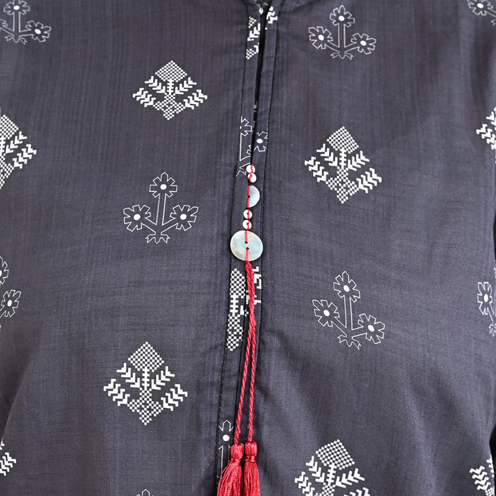 Teens Girls Cotton Slub Printed Kurti mantone-BLACK