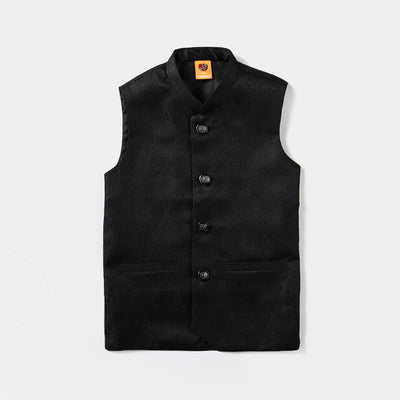 Boys Poly Viscose Waistcoat (Jamawar)-BLACK