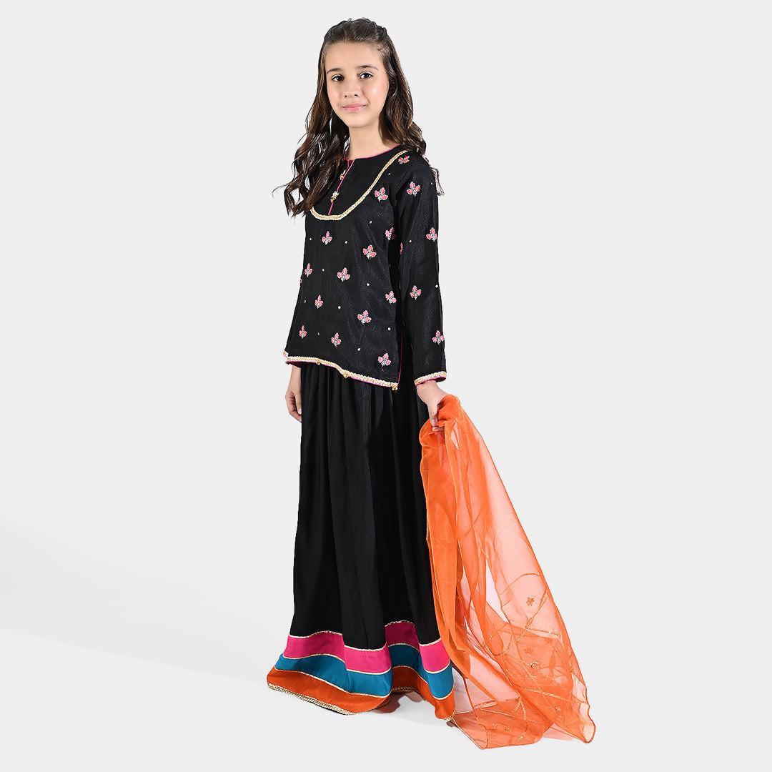 Girls Raw Silk 3Pcs Suit Arzoo-BLACK