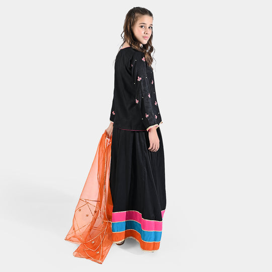 Girls Raw Silk 3Pcs Suit Arzoo-BLACK