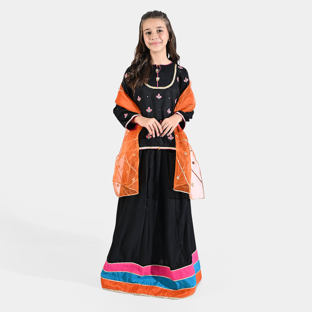 Girls Raw Silk 3Pcs Suit Arzoo-BLACK