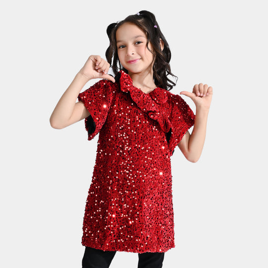 Girls Sequence Dress Sequin Rose-Red