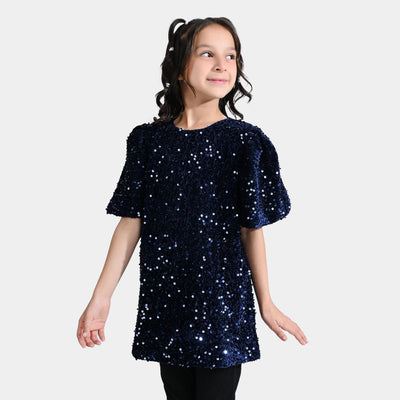 Girls Sequence Dress Navy Sequin-Navy Blue