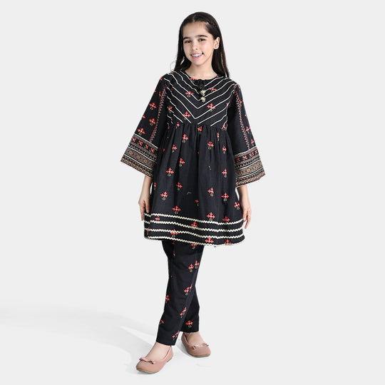 Girls Cotton Slub Printed 2Pcs Suit Charma Dori-BLACK