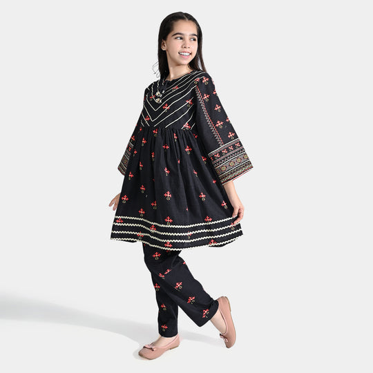 Girls Cotton Slub Printed 2Pcs Suit Charma Dori-BLACK