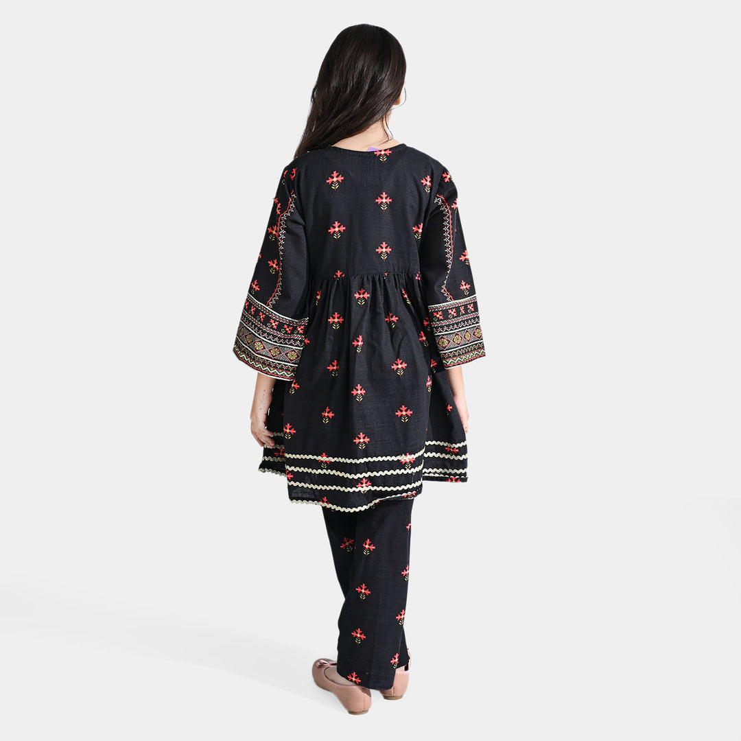 Girls Cotton Slub Printed 2Pcs Suit Charma Dori-BLACK