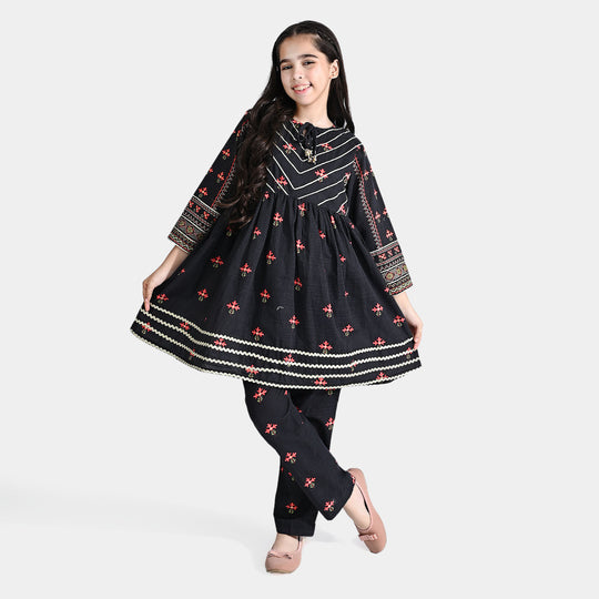 Girls Cotton Slub Printed 2Pcs Suit Charma Dori-BLACK