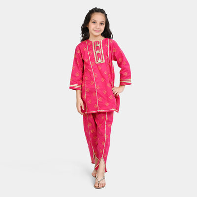 Girls Cotton Printed 2 Pcs Gulabi -Hot Pink