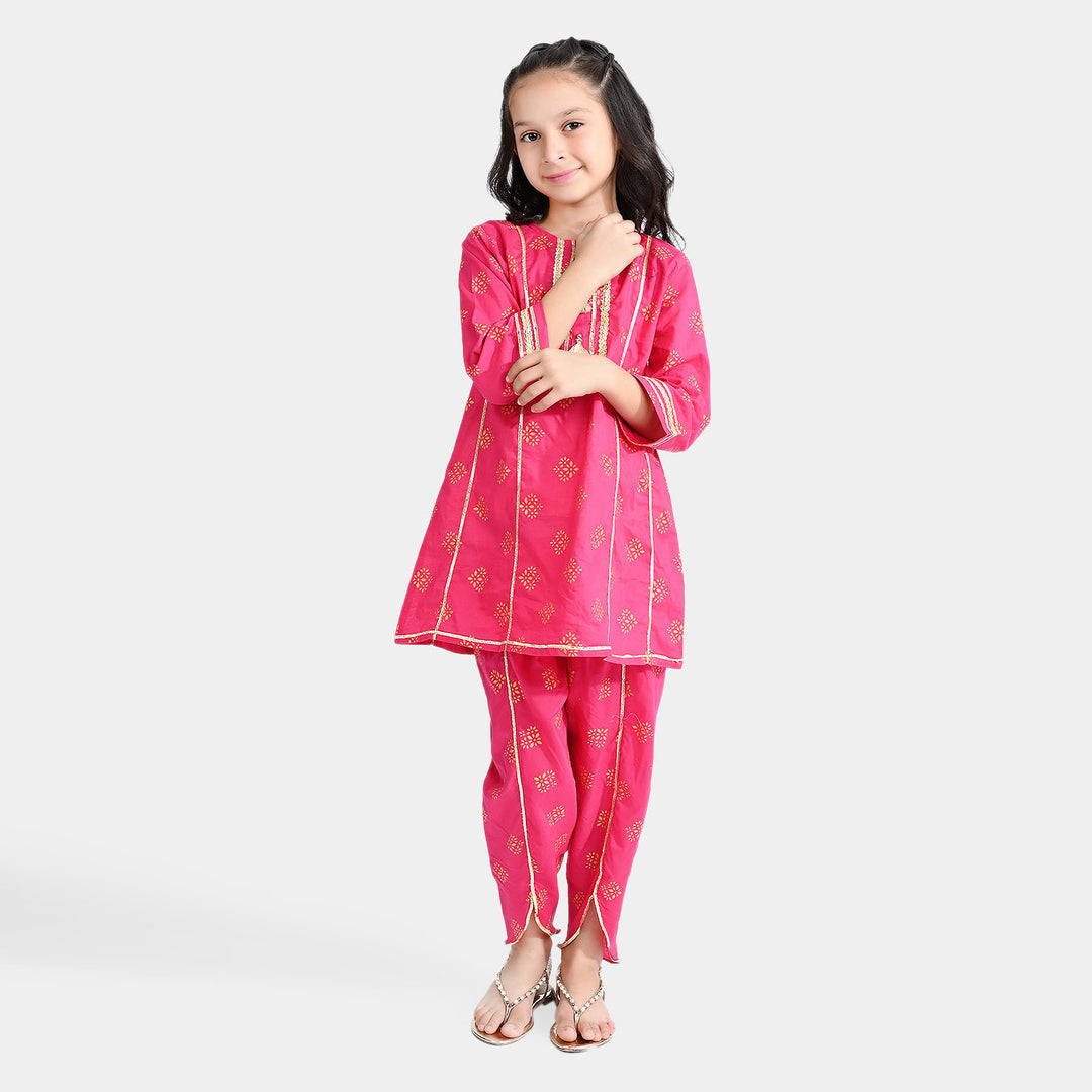 Girls Cotton Printed 2 Pcs Gulabi -Hot Pink