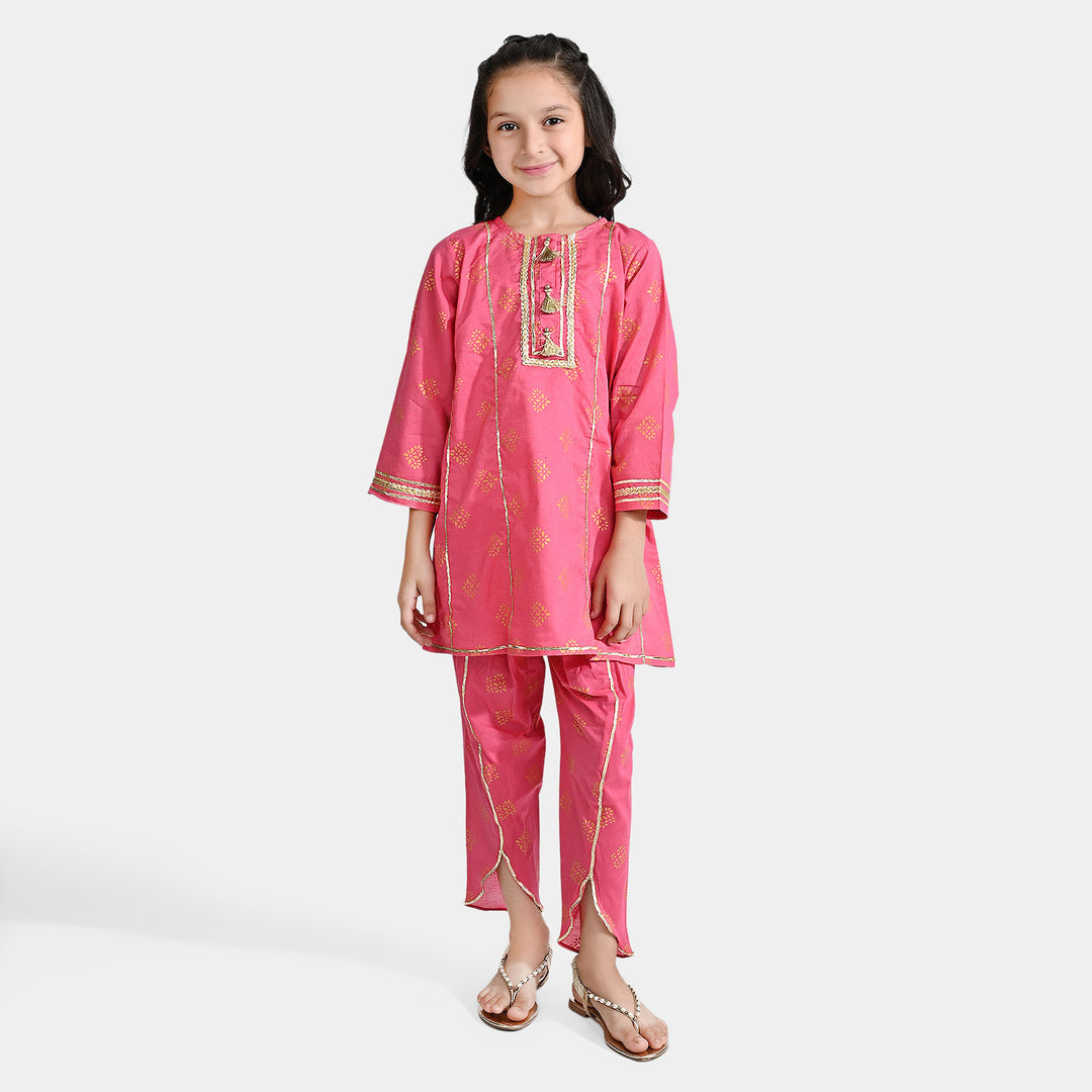 Girls Cotton Printed 2PC Suit Gulabi-Pink