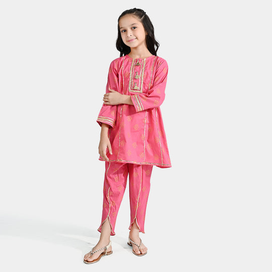 Girls Cotton Printed 2PC Suit Gulabi-Pink