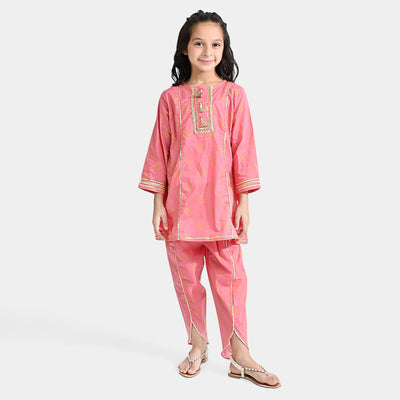 Girls Cotton Printed 2PC Suit Gulabi-Flam.Pink