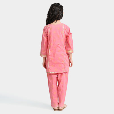 Girls Cotton Printed 2PC Suit Gulabi-Flam.Pink