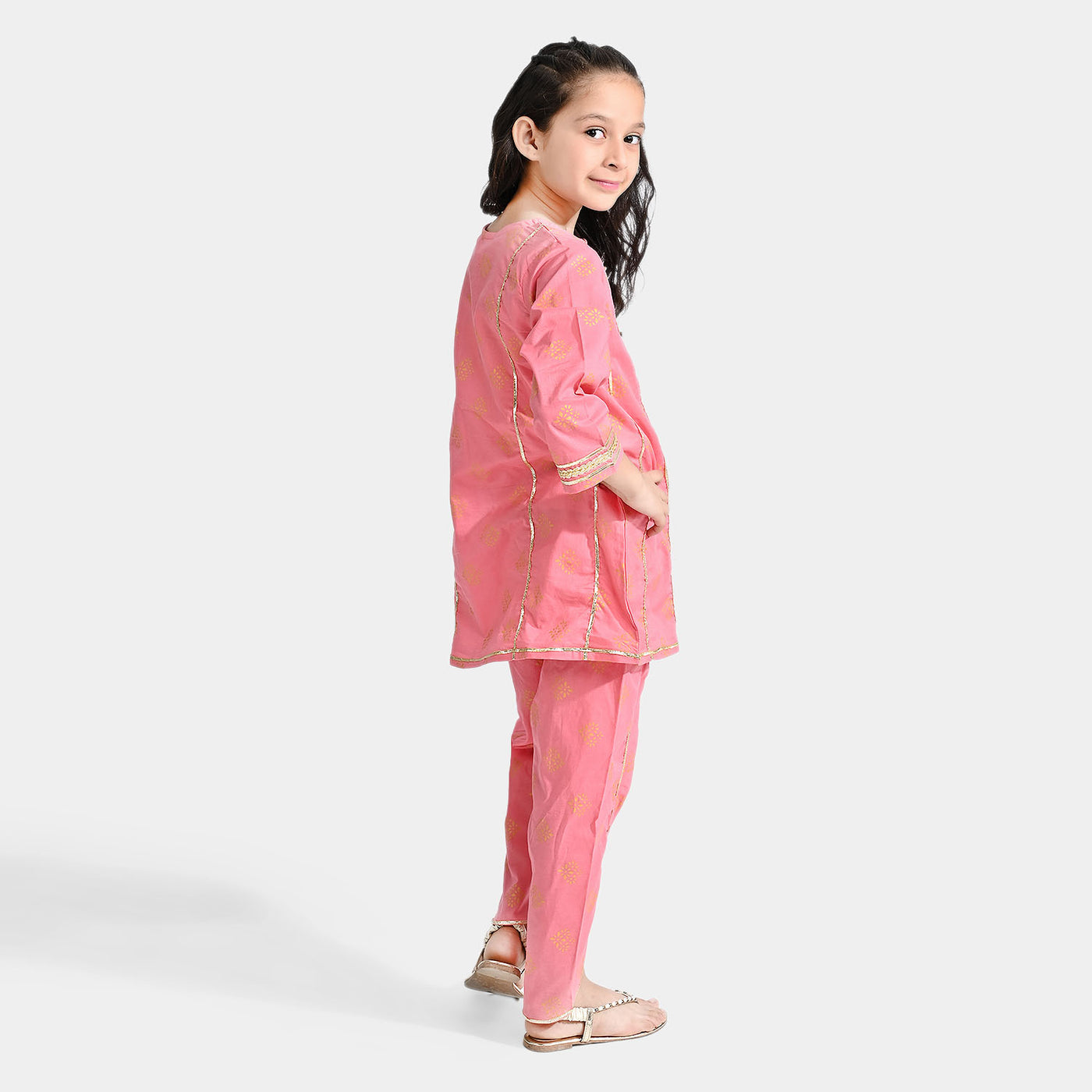 Girls Cotton Printed 2PC Suit Gulabi-Flam.Pink