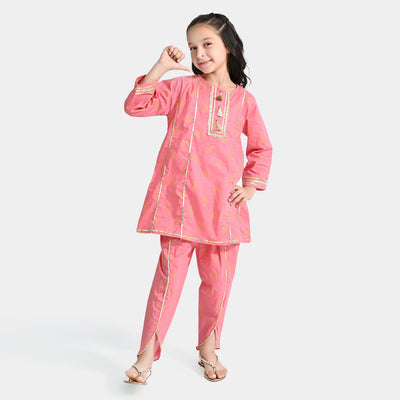 Girls Cotton Printed 2PC Suit Gulabi-Flam.Pink