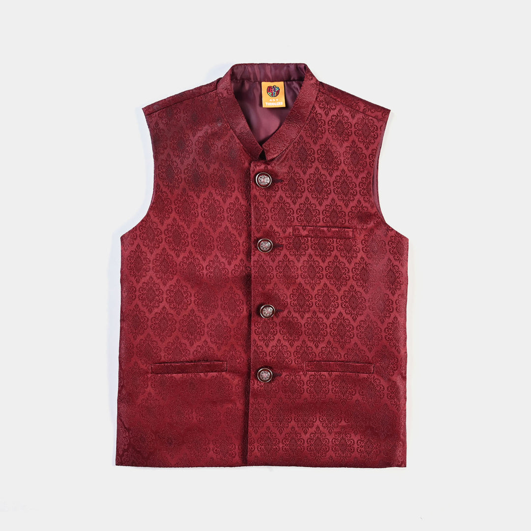 Boys Poly Viscose Waistcoat (Jamawar Maroon)-MAROON