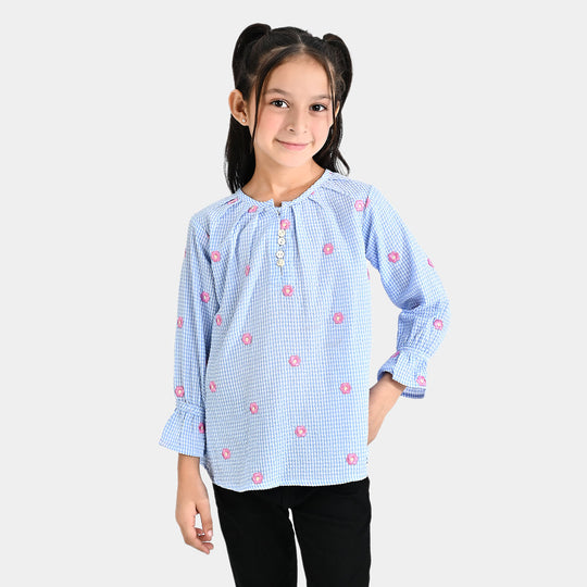 Girls Poly Viscose Emb Top Sun Flower-SKY BLUE