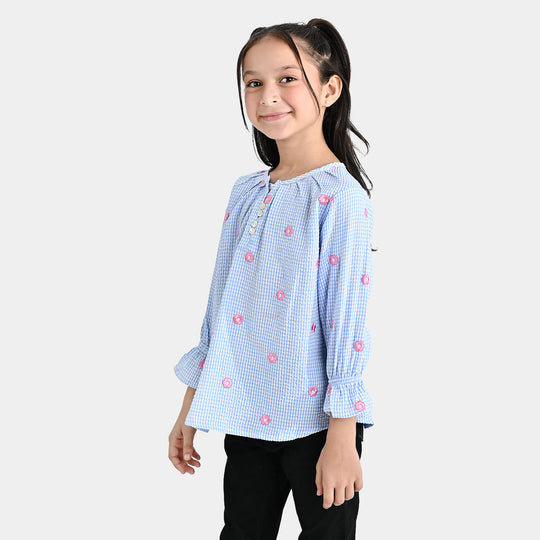 Girls Poly Viscose Emb Top Sun Flower-SKY BLUE