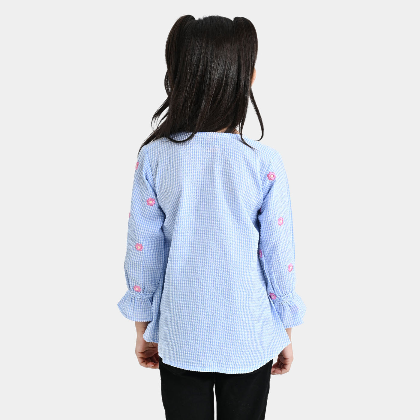 Girls Poly Viscose Emb Top Sun Flower-SKY BLUE