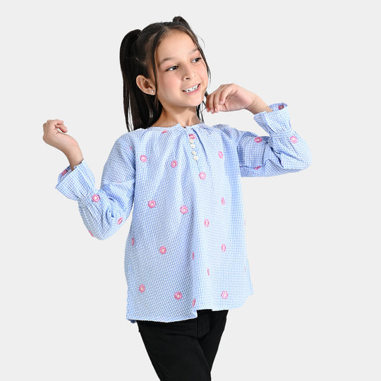 Girls Poly Viscose Emb Top Sun Flower-SKY BLUE