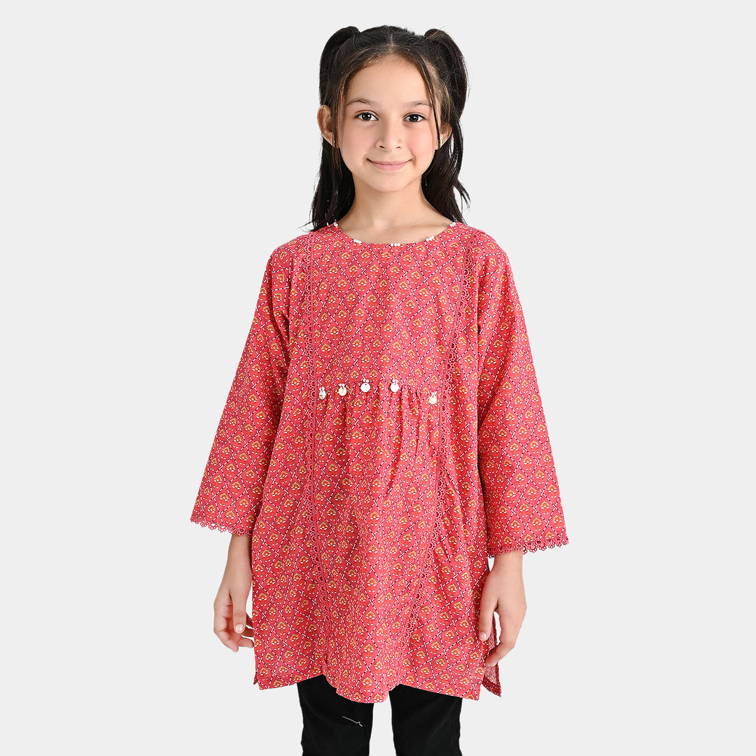 Girls Cotton Poplin Printed Kurti Floral Kantha-Pink