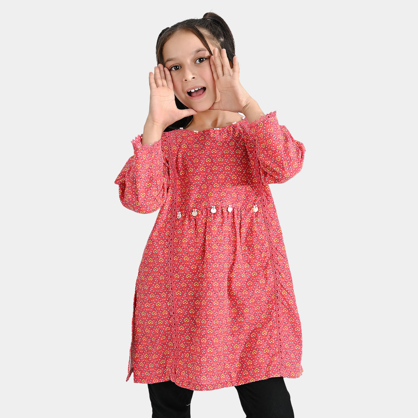 Girls Cotton Poplin Printed Kurti Floral Kantha-Pink