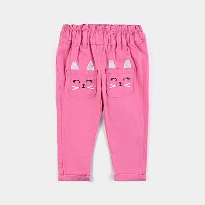 Infant Girls Cotton Twill Pant Cat Face-Pink