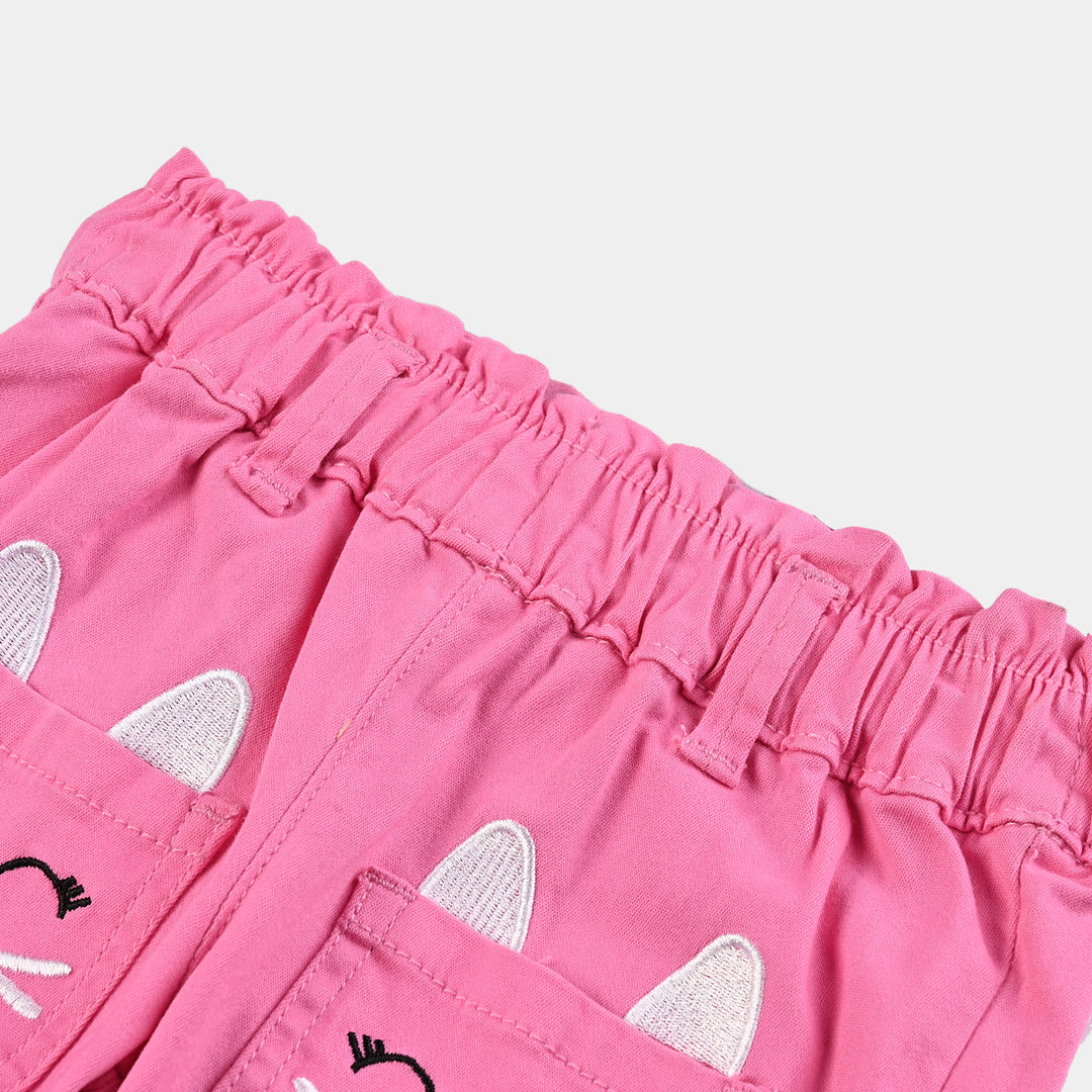 Infant Girls Cotton Twill Pant Cat Face-Pink