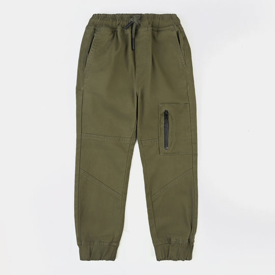 Boys Cotton Twill Pant Zipper Pocket-Olive Green