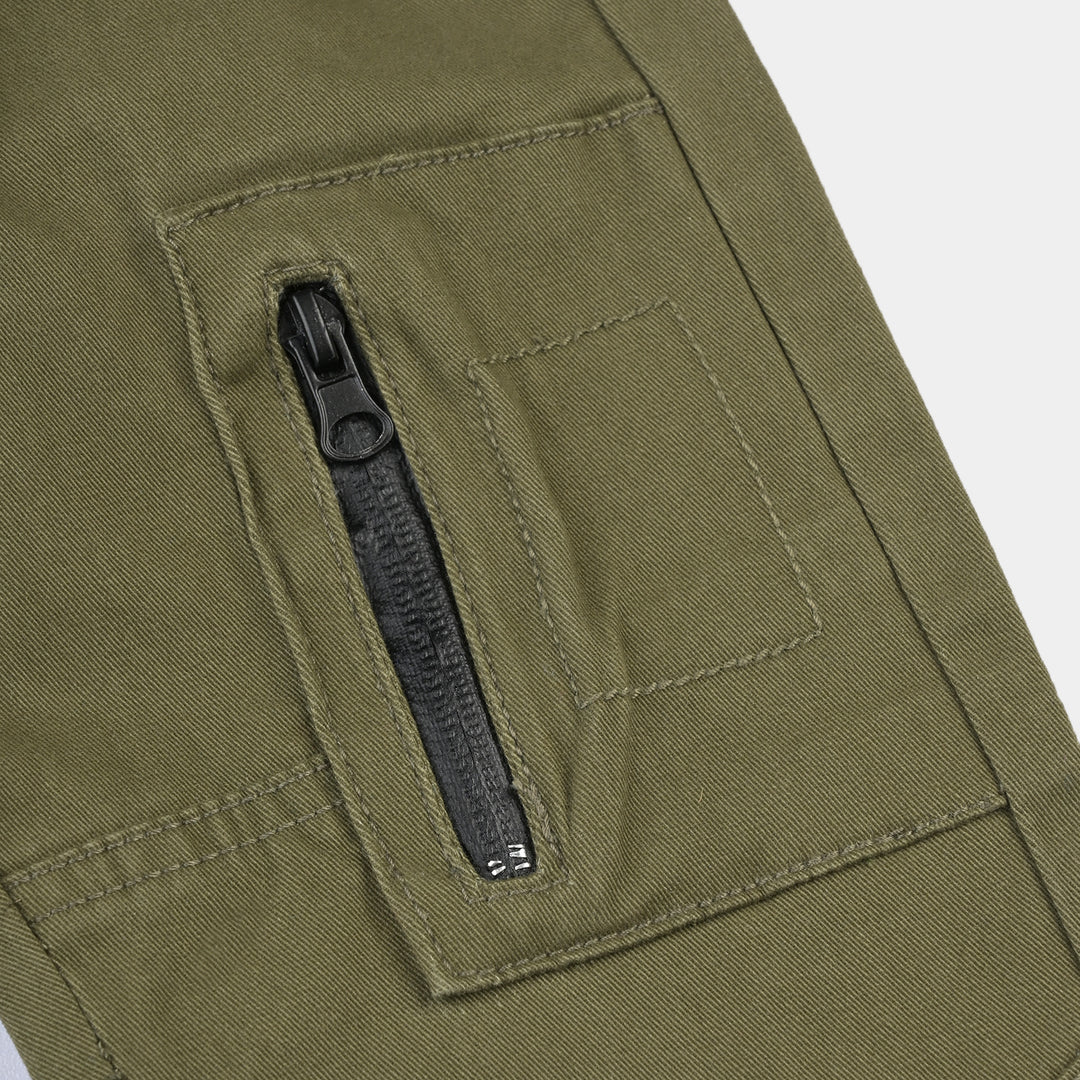 Boys Cotton Twill Pant Zipper Pocket-Olive Green