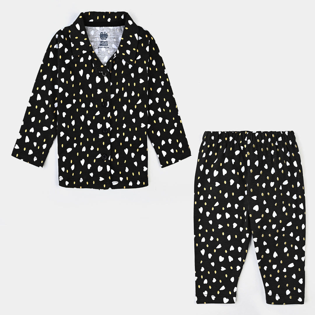 Infant Girls Poly Cotton Knitted Night Suit Polka Hearts-Jet Black