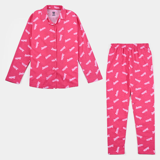 Girls Knitted Night Suit Printed-sachet Pink