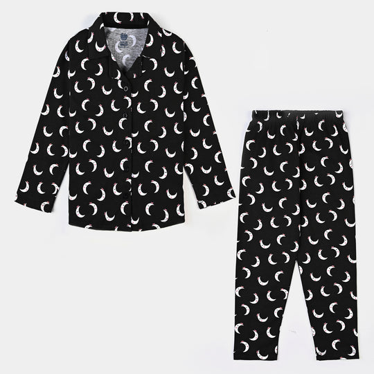 Girls Knitted Night Suit Moon-Jet Black