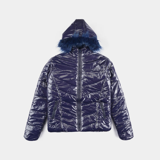 Teens Unisex Mix taffeta Faux Hood Puffer Jacket-NAVY