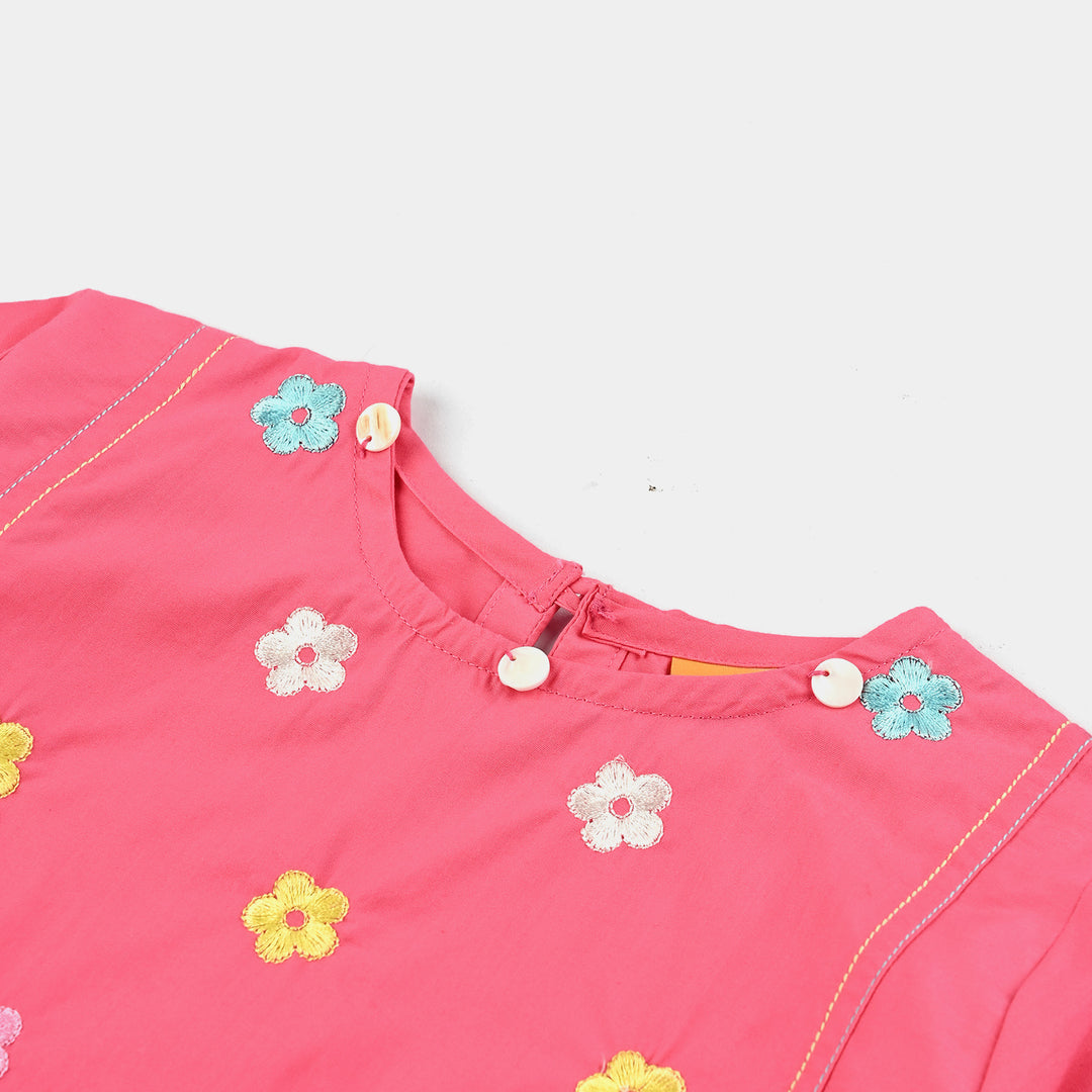 Girls Cotton Poplin Emb Top Candy Floral-Hot.Pink