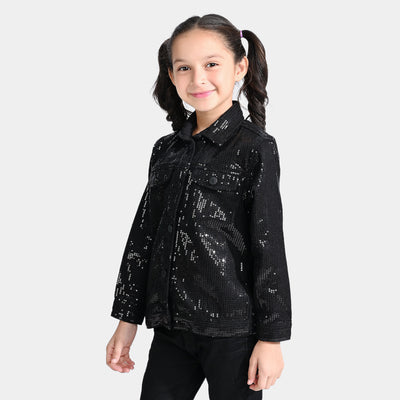 Girls Denim rigid Woven Jacket Sequins Sparkle-BLACK