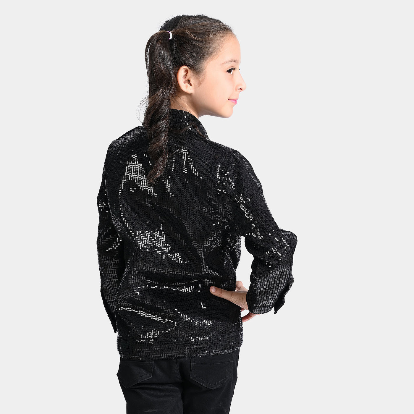 Girls Denim rigid Woven Jacket Sequins Sparkle-BLACK