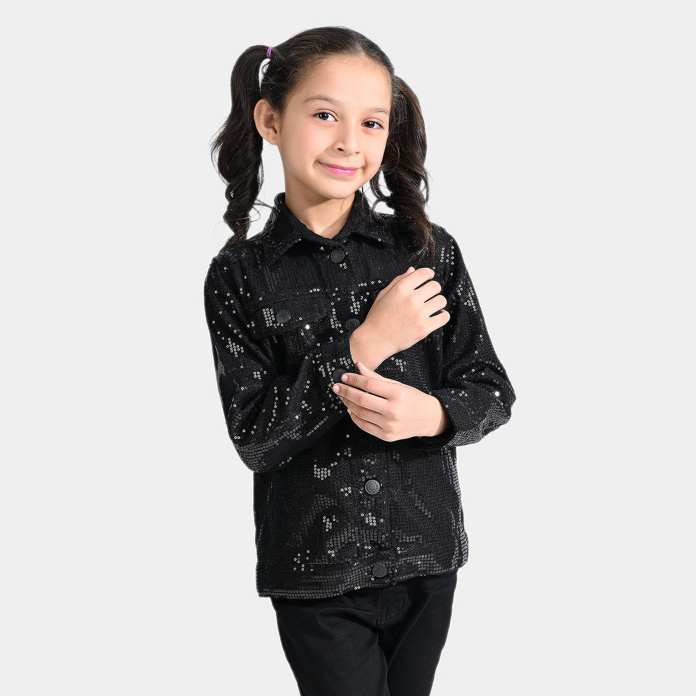 Girls Denim rigid Woven Jacket Sequins Sparkle-BLACK