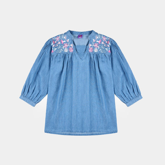 Girls Tensile Denim (Light Denim) Emb Top Floral Yoke-Blue