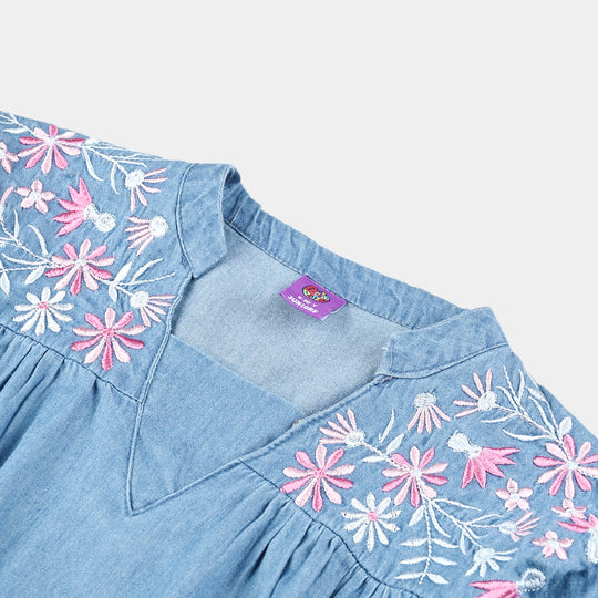 Girls Tensile Denim (Light Denim) Emb Top Floral Yoke-Blue